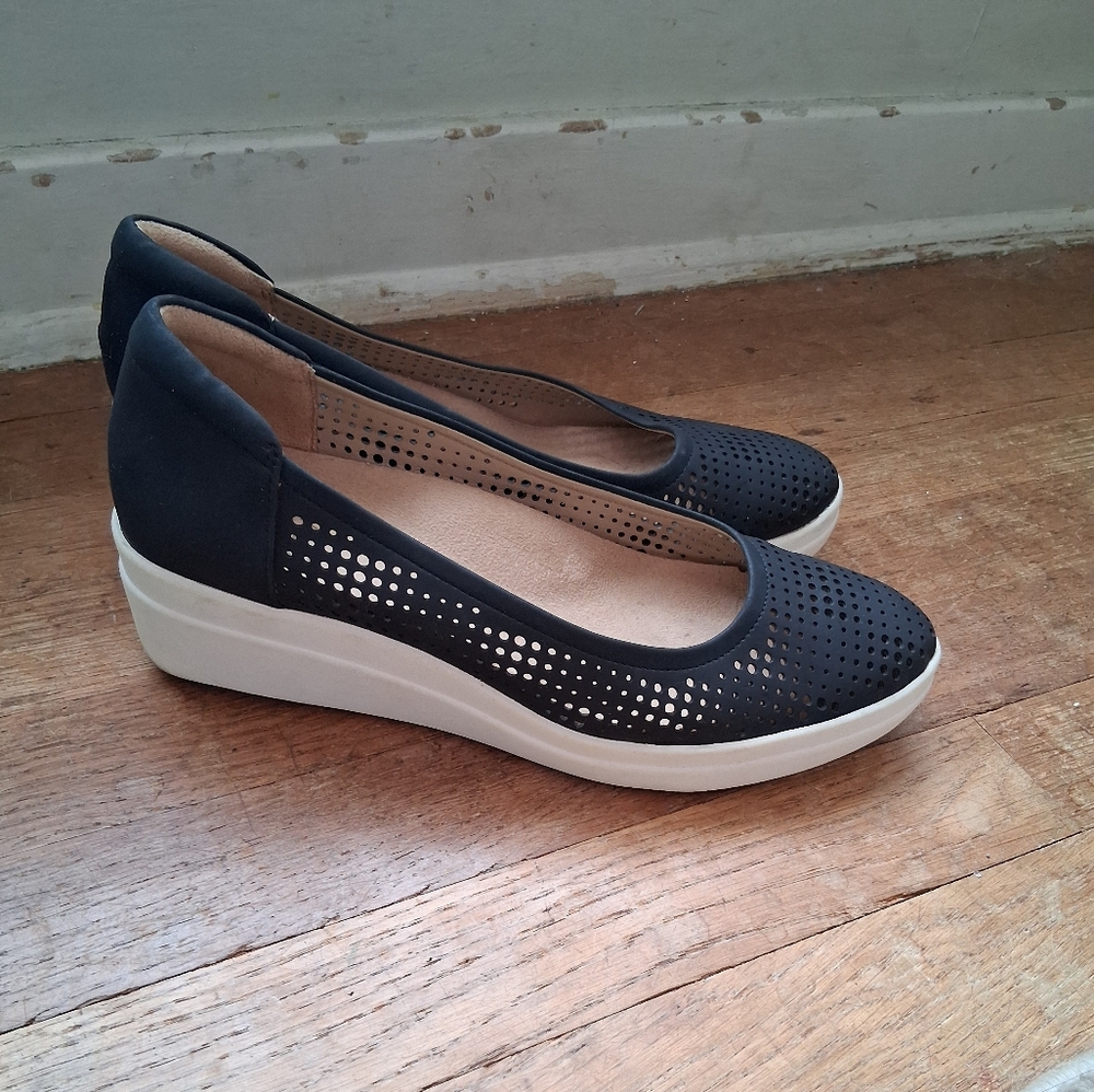 Black Slip-On Wedge Heels with Perforated Design